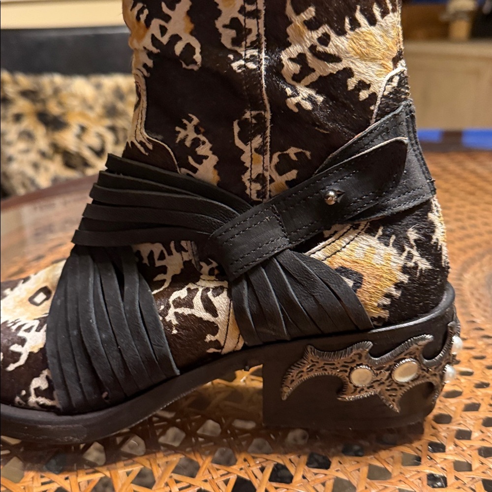Donald J. Pliner Calf Hair Western Harness Boots Ikat Print Studded Heel - Picture 7 of 16